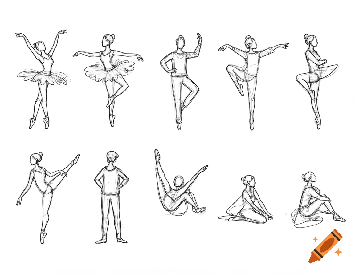 Ten digital line art sketches of ballet dancers in various poses on a white background, with a loose doodle aesthetic.