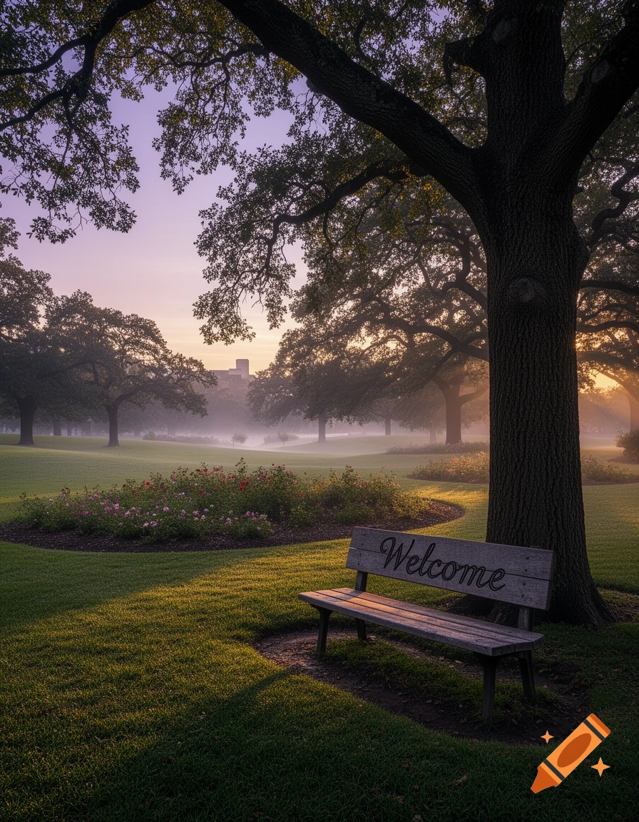A serene park scene with a wooden bench under a large tree, inscribed with 'Welcome', overlooking a misty landscape at sunrise.