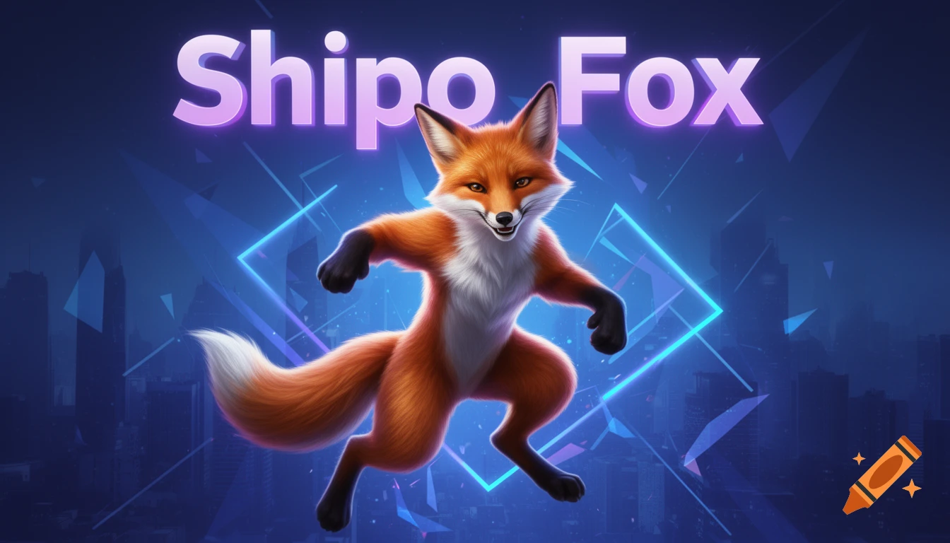 A jumping anthropomorphic fox mascot with a grin against a futuristic blue background with neon shapes and a cityscape, with 'Shipo Fox' text.