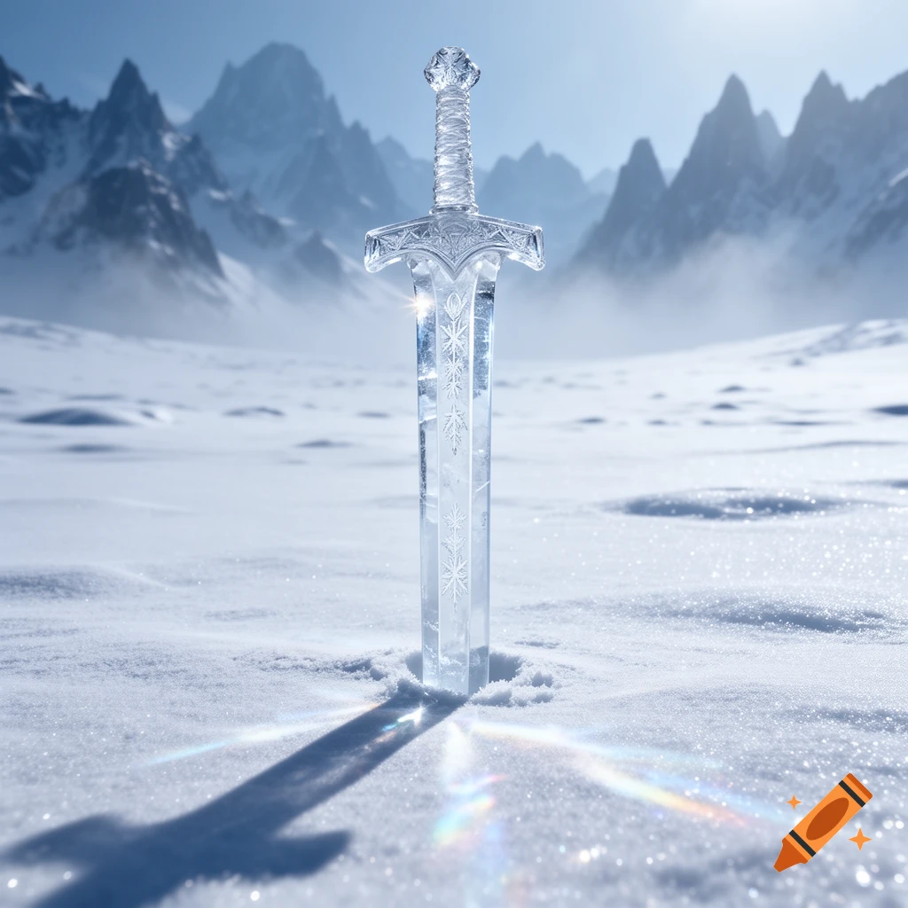 A detailed ice sword stands upright in a vast, pristine snowy mountain landscape under a bright, clear sky.
