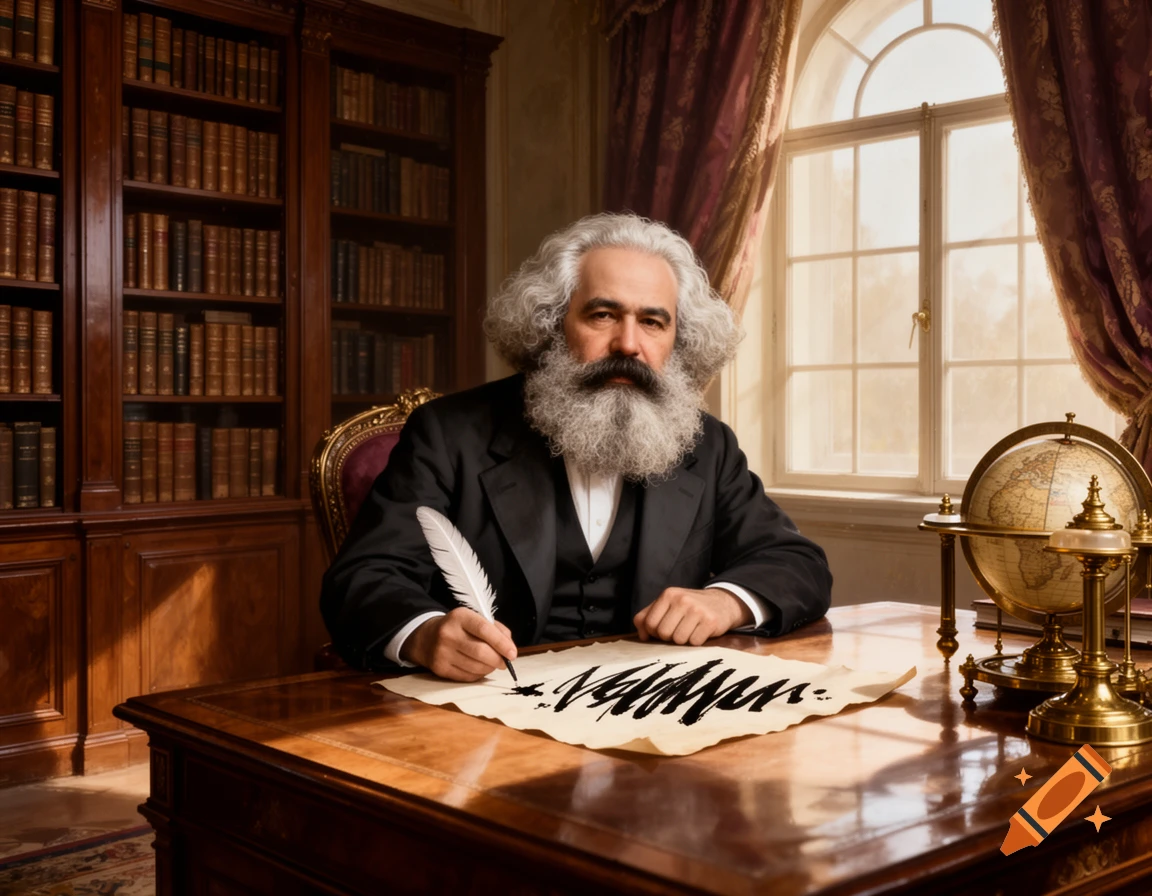 A photorealistic portrait of Karl Marx with a quill writing on a scroll at a wooden desk in a library.