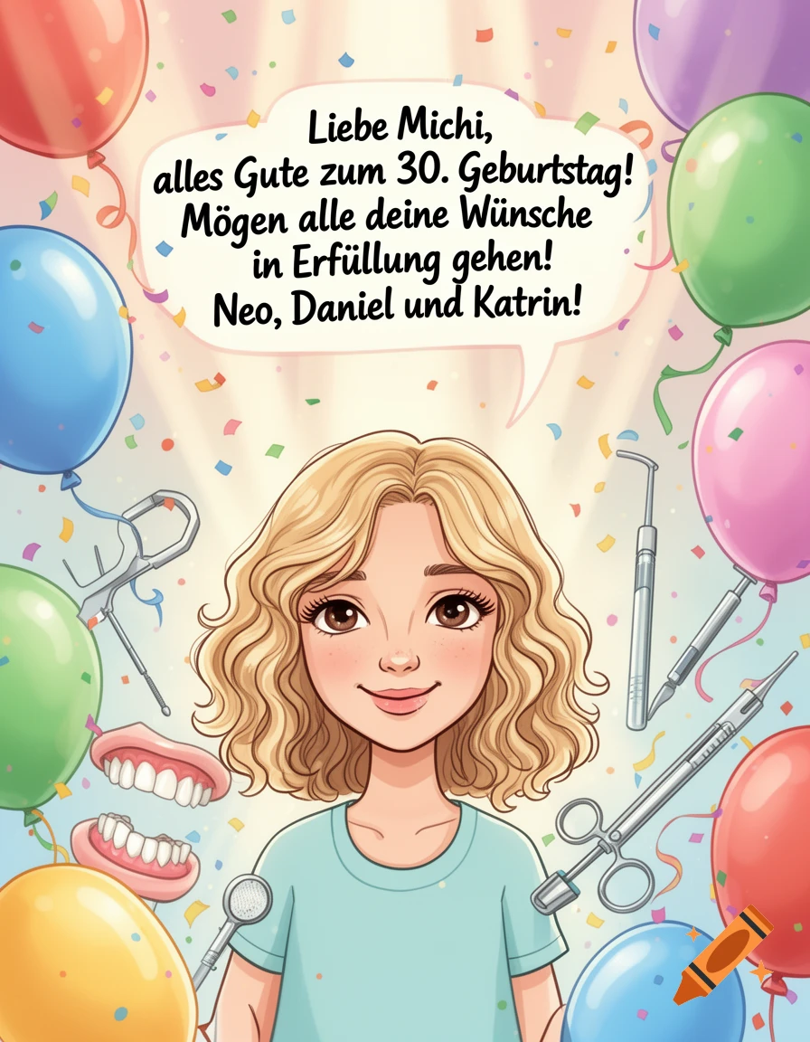 Cartoon of a young woman with blonde curly hair, surrounded by balloons, confetti, and dental tools, with a German birthday message.
