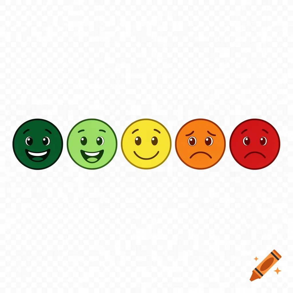 A row of five cartoon smileys, ranging from dark green happy to red sad, against a transparent background.