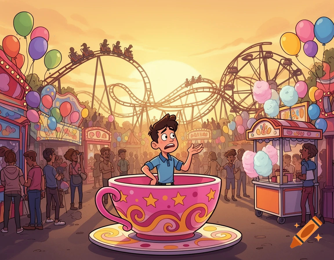 Cartoon of a surprised boy in a pink teacup ride at a bustling amusement park with roller coasters and a Ferris wheel at sunset.