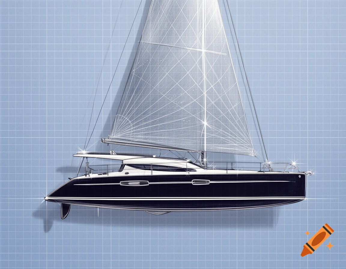 Detailed blueprint-style drawing of a sailboat with a dark hull and white sails, against a light blue grid background.