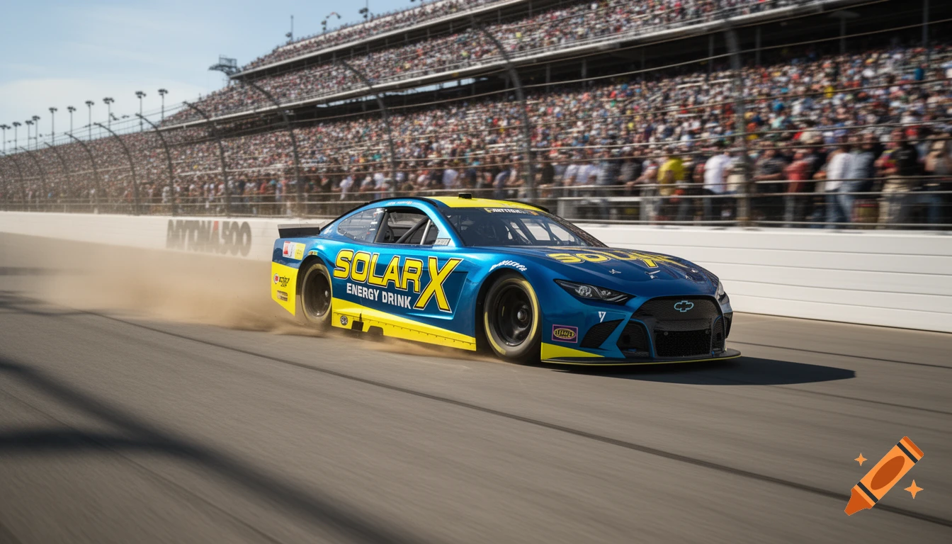 A blue and yellow 'SOLAR X ENERGY DRINK' race car speeds along a track, kicking up dust, with a crowded grandstand in the background.