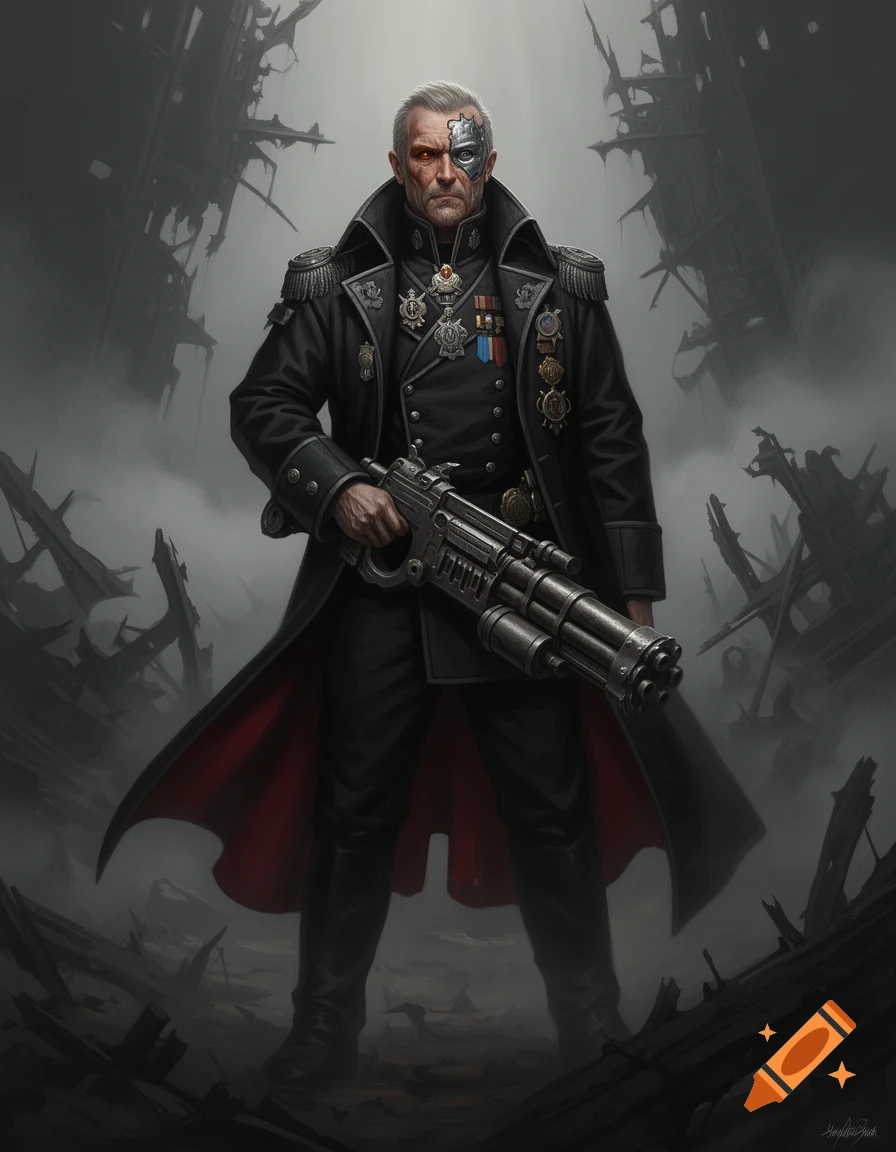 A stern, grey-haired cyborg general with a cybernetic left eye, wearing a black greatcoat with medals, holds a plasma gun in a ruined, grimdark landscape.
