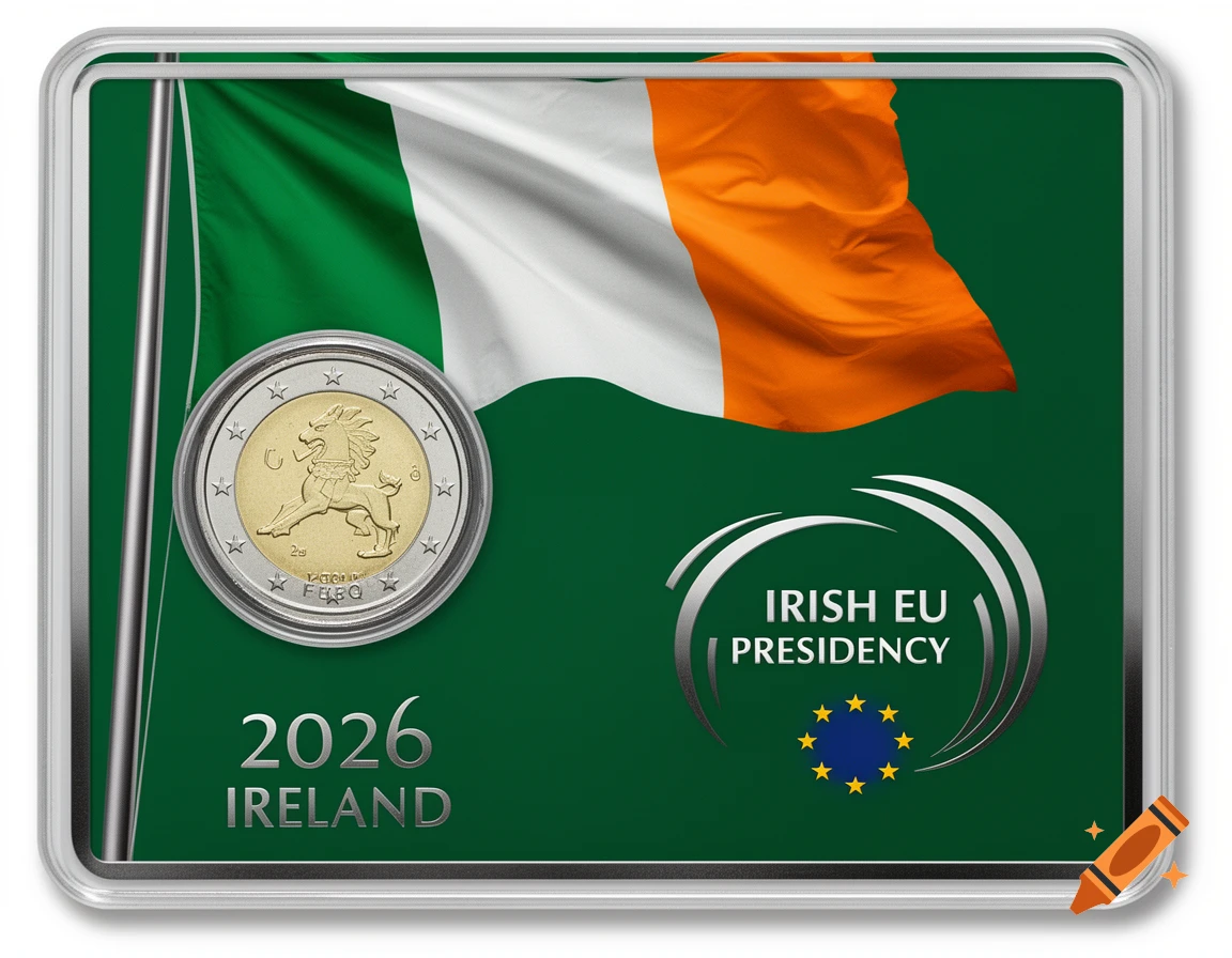 A coincard featuring a stylized Irish flag with green, white, and orange, a 2 euro coin, and text '2026 IRELAND' and 'IRISH EU PRESIDENCY' with the EU flag.