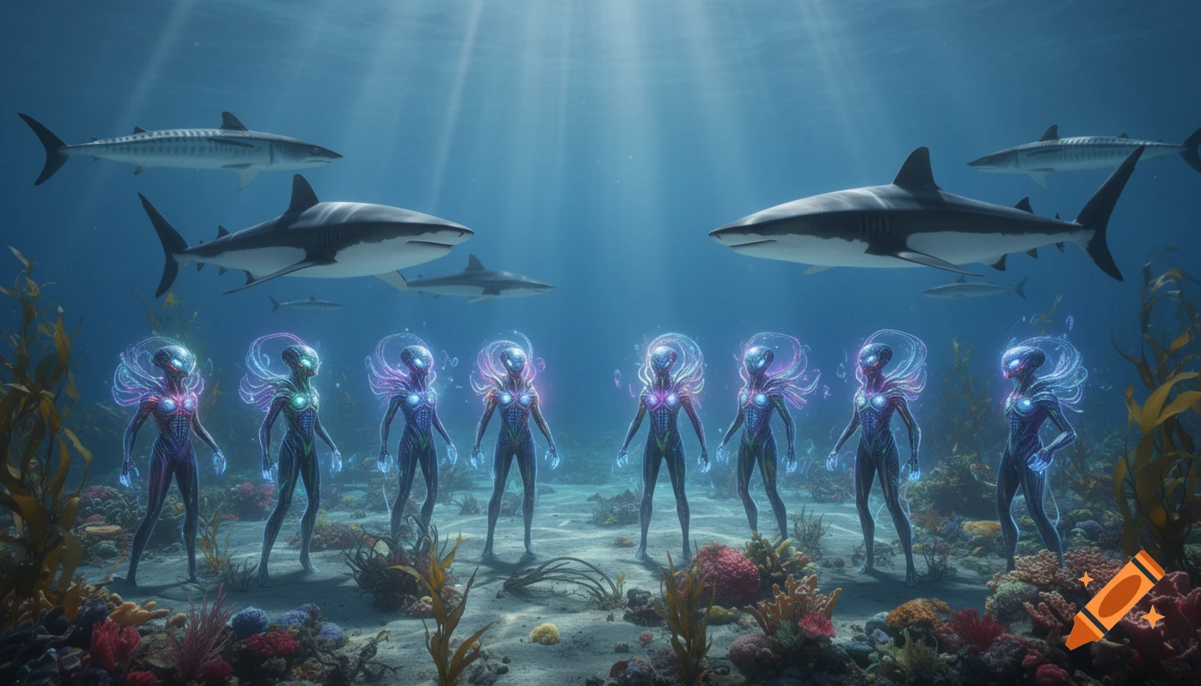 Eight glowing alien figures stand on a coral seabed, with large sharks swimming above them in sunlit deep blue water.