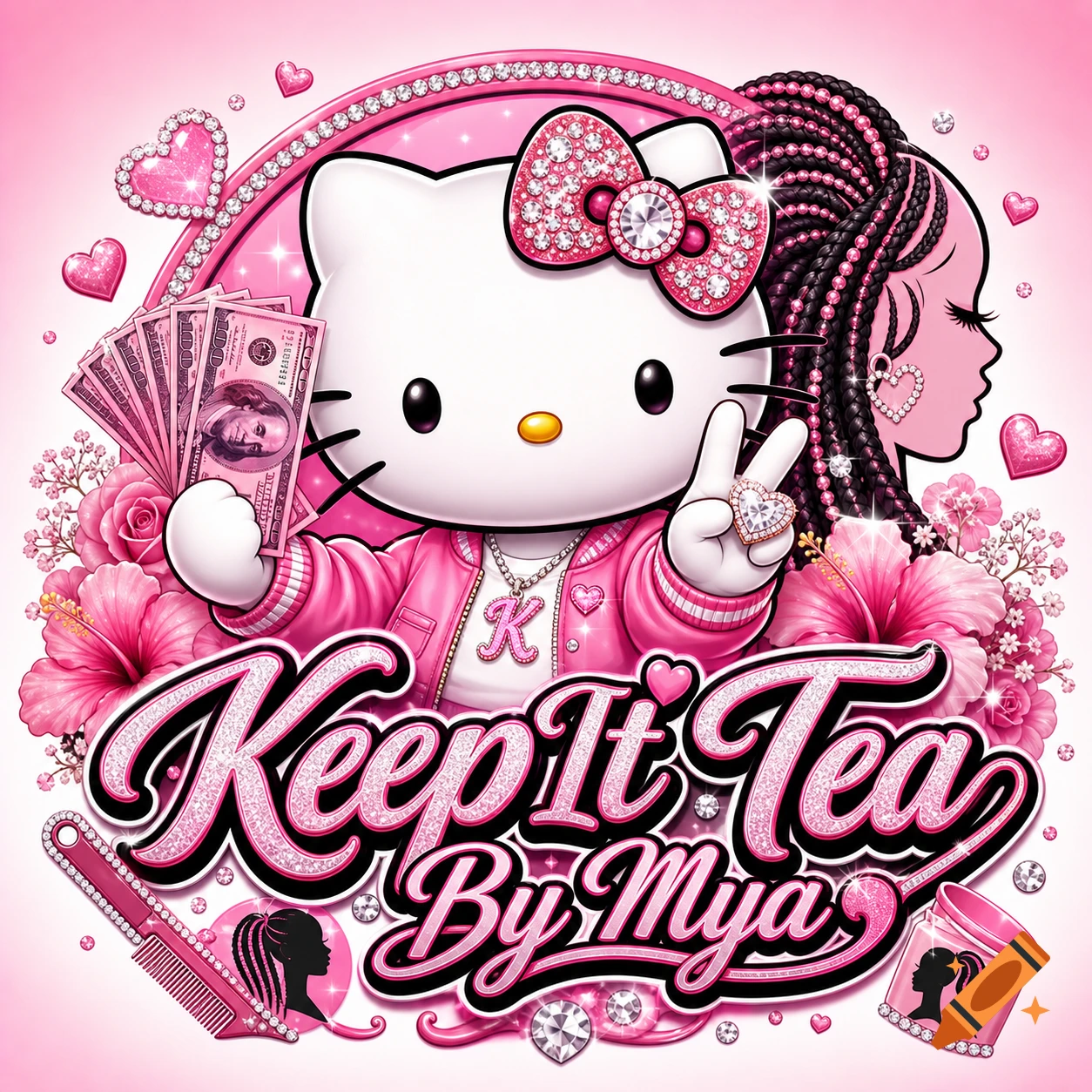Pink and white logo with Hello Kitty holding pink hundred-dollar bills and making a peace sign, surrounded by gems, flowers, and hearts, with text 'Keep It Tea By Mya'.