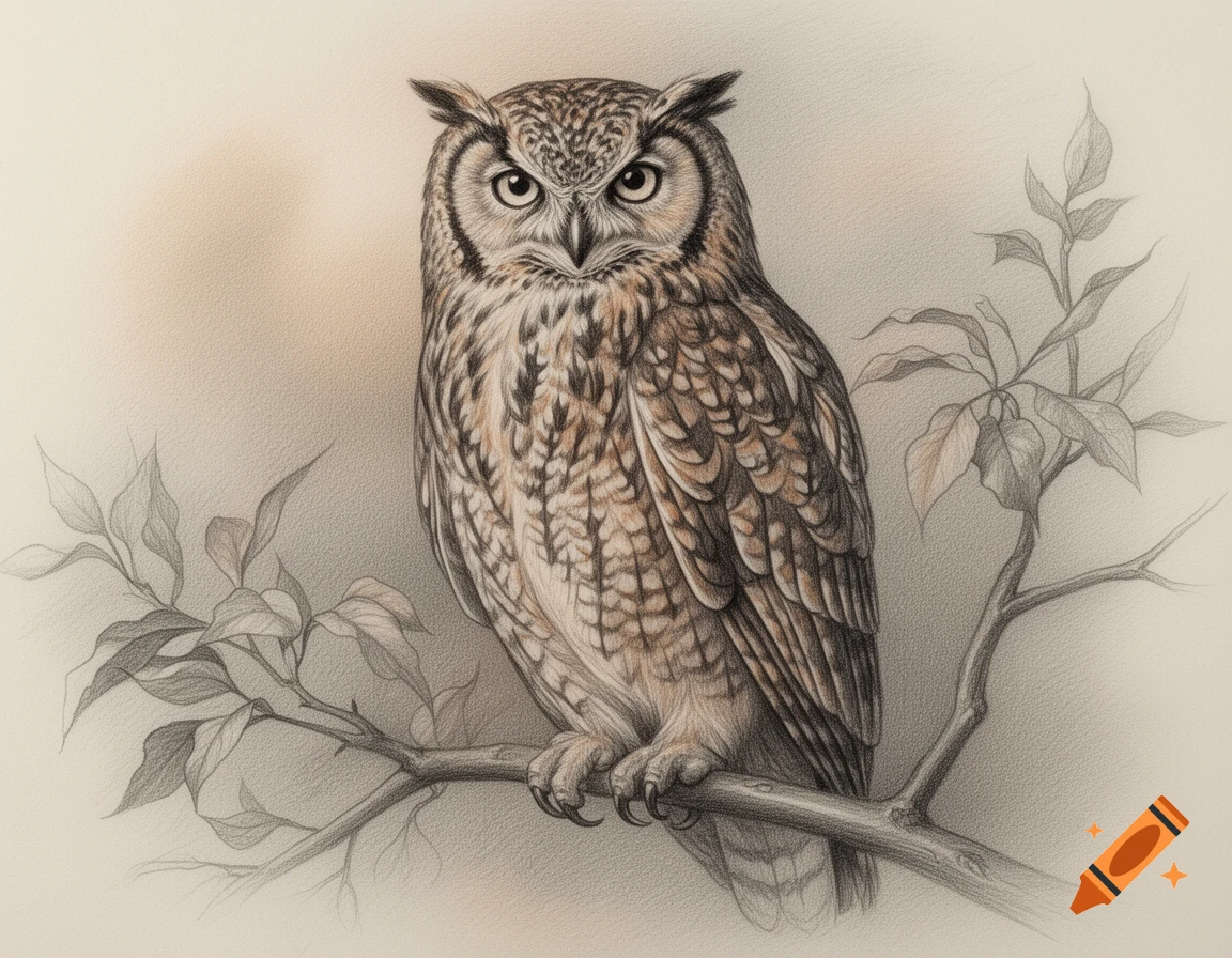 Detailed pencil drawing of an owl perched on a branch.