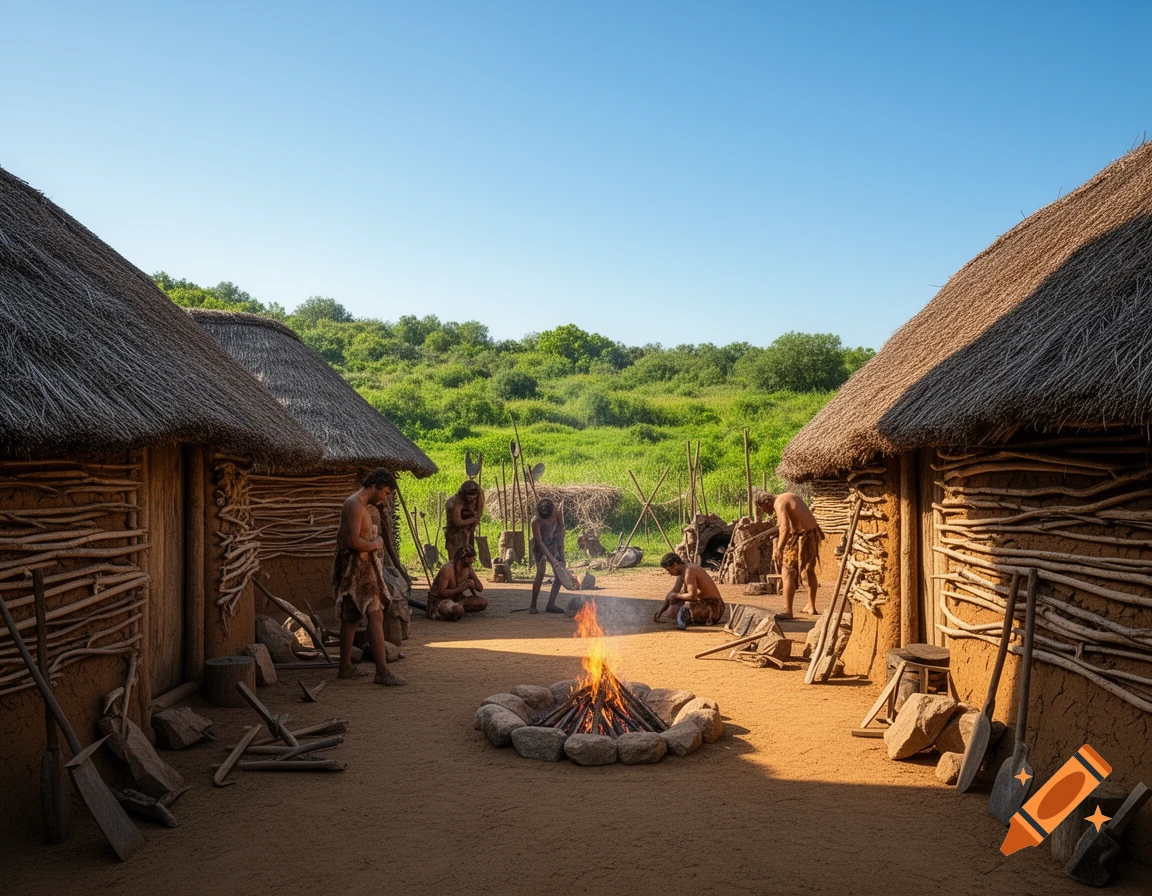 A prehistoric village scene with thatched huts, a central campfire, and figures in animal skins working on sandy ground under a clear sky.