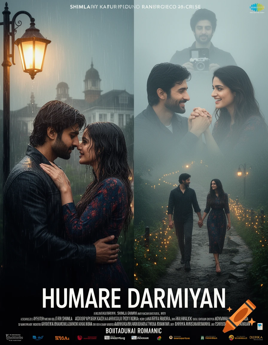 A dramatic split movie poster showing two couples in romantic scenes, one in the rain and another holding hands, with a man holding a camera in the background. The title 'HUMARE DARMIYAN' is at the bottom.