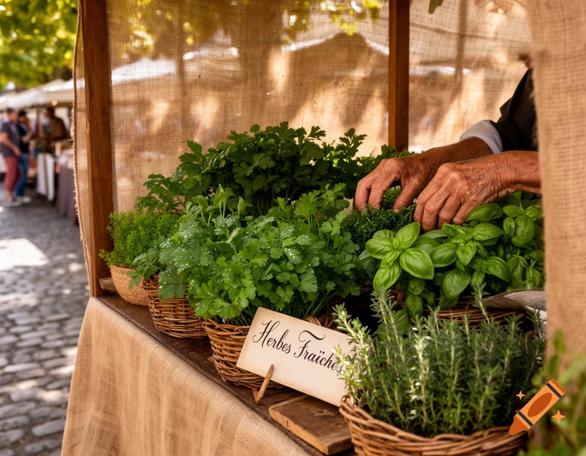 Close-up of an elderly person's hands arranging fresh herbs in baskets on a market stall. A sign reads 'Herbes Fraîches'.