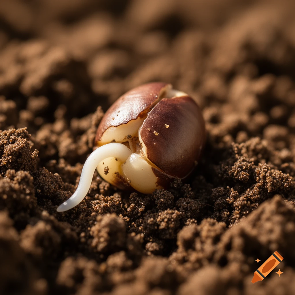 Close-up photorealistic shot of a brown bean seed germinating in dark soil with a small white root emerging.