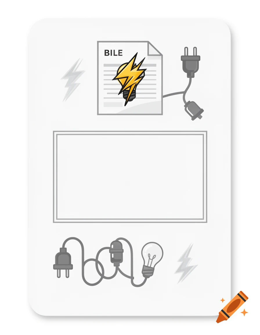 White game card illustration with an electricity bill icon, a lightning bolt, electric plugs, and lightbulbs.