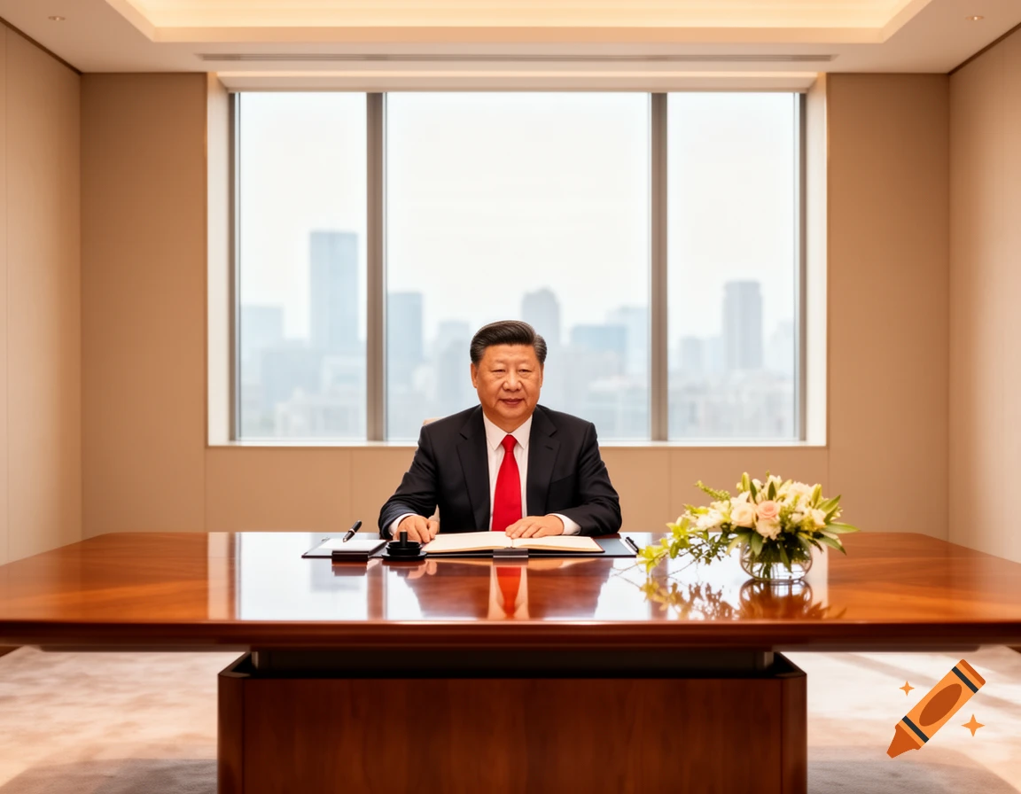 Xi Jinping sits at a large wooden desk in a modern office with a cityscape view, a floral arrangement on the desk.