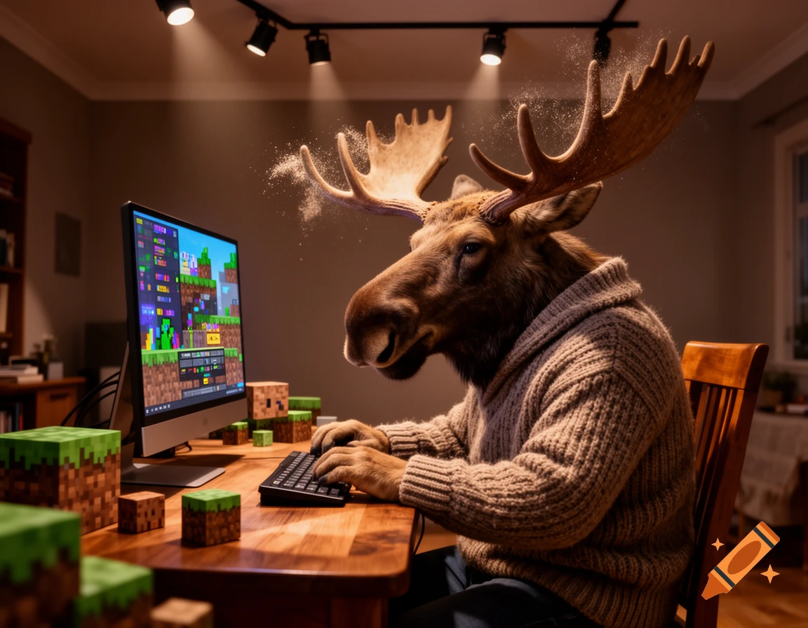 A semi-realistic moose in a cozy sweater plays Minecraft on a computer at a wooden desk, with scattered Minecraft blocks and cinematic lighting.