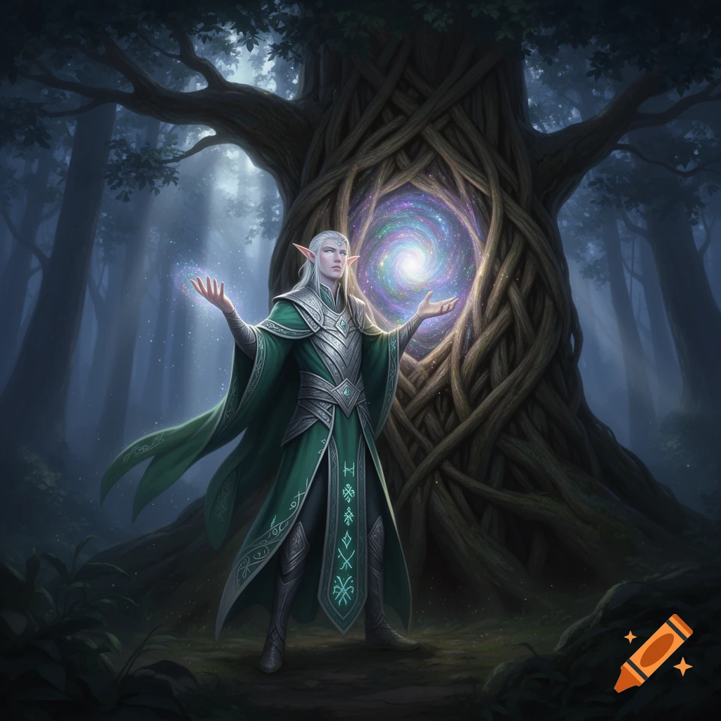Male elf in green robes activates a swirling magic portal within a gnarled tree trunk in a dark fantasy forest.