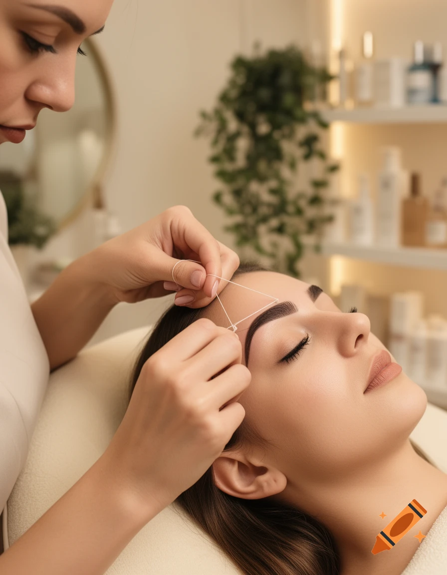 A beautician threads the eyebrows of a client relaxing on a spa bed, set in a clean, brightly lit beauty salon.