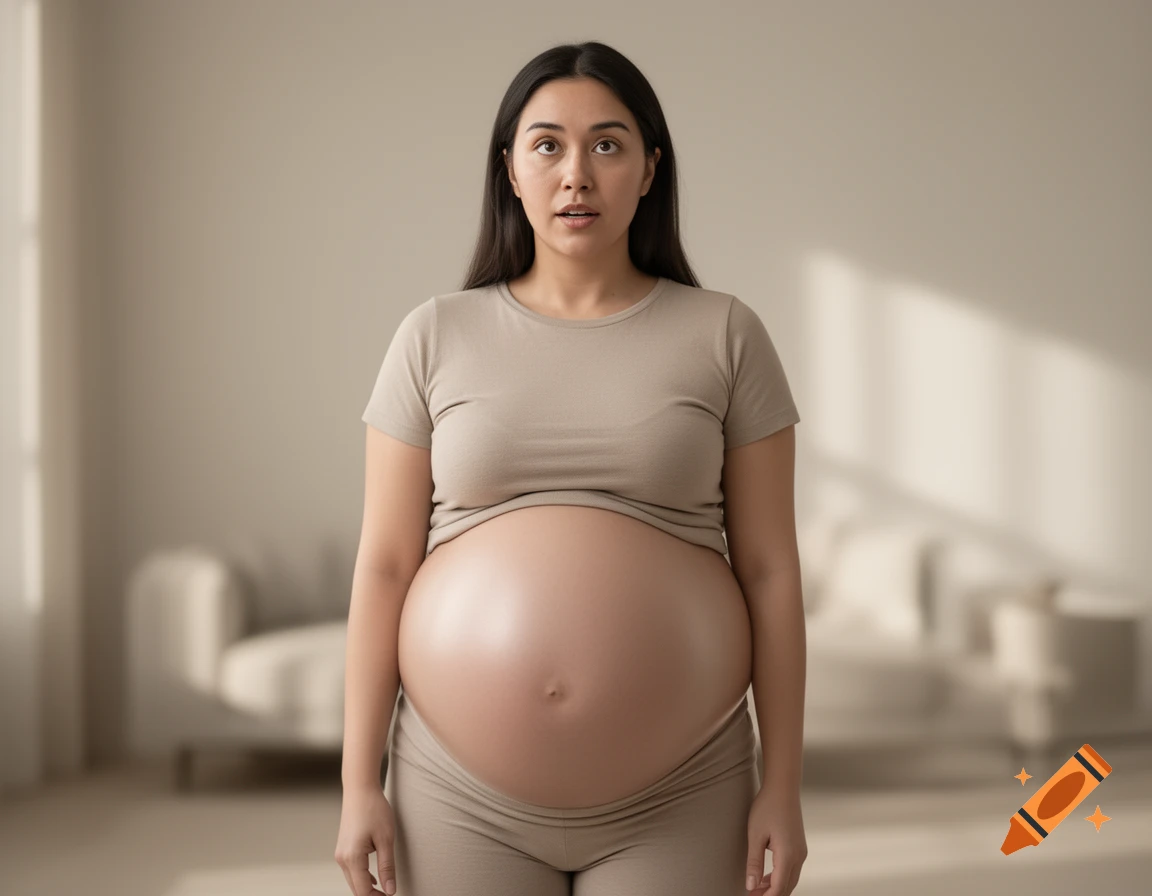 Photorealistic portrait of a pregnant woman with dark hair, wearing a beige t-shirt and pants, standing in a minimalist room with a surprised expression.
