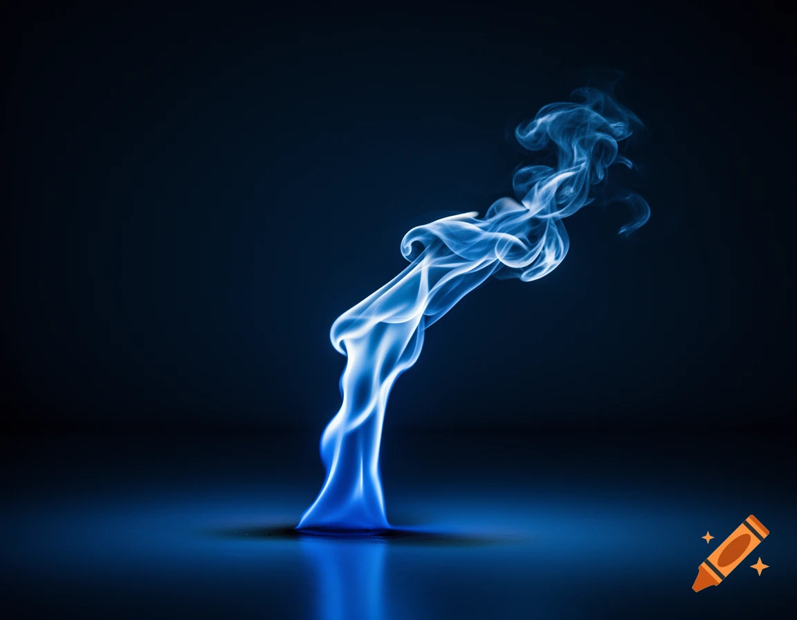 A long, vibrant blue flame and smoke gracefully curl to the right from a dark, reflective surface against a black background.