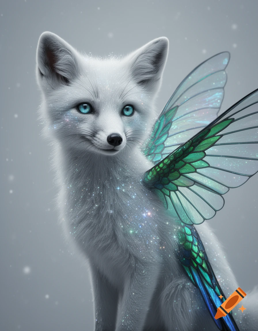 Photorealistic arctic fox-like creature with bright blue eyes, translucent butterfly wings, and sparkling white fur on a grey background.
