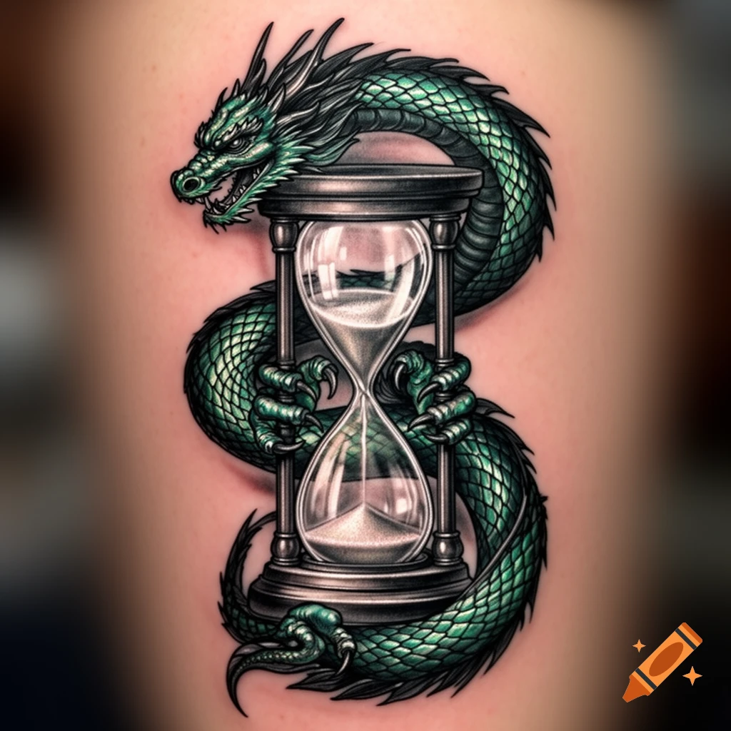 A vibrant green dragon tattoo wrapping around an antique-style hourglass, set against skin.