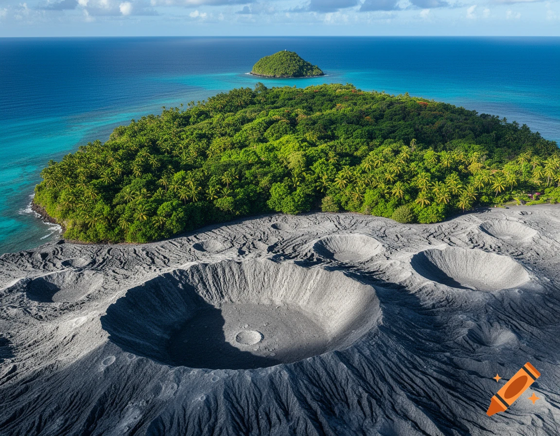 An aerial view of a lush green tropical island next to an expansive grey volcanic surface with multiple craters, set against a vibrant blue ocean and clear sky.