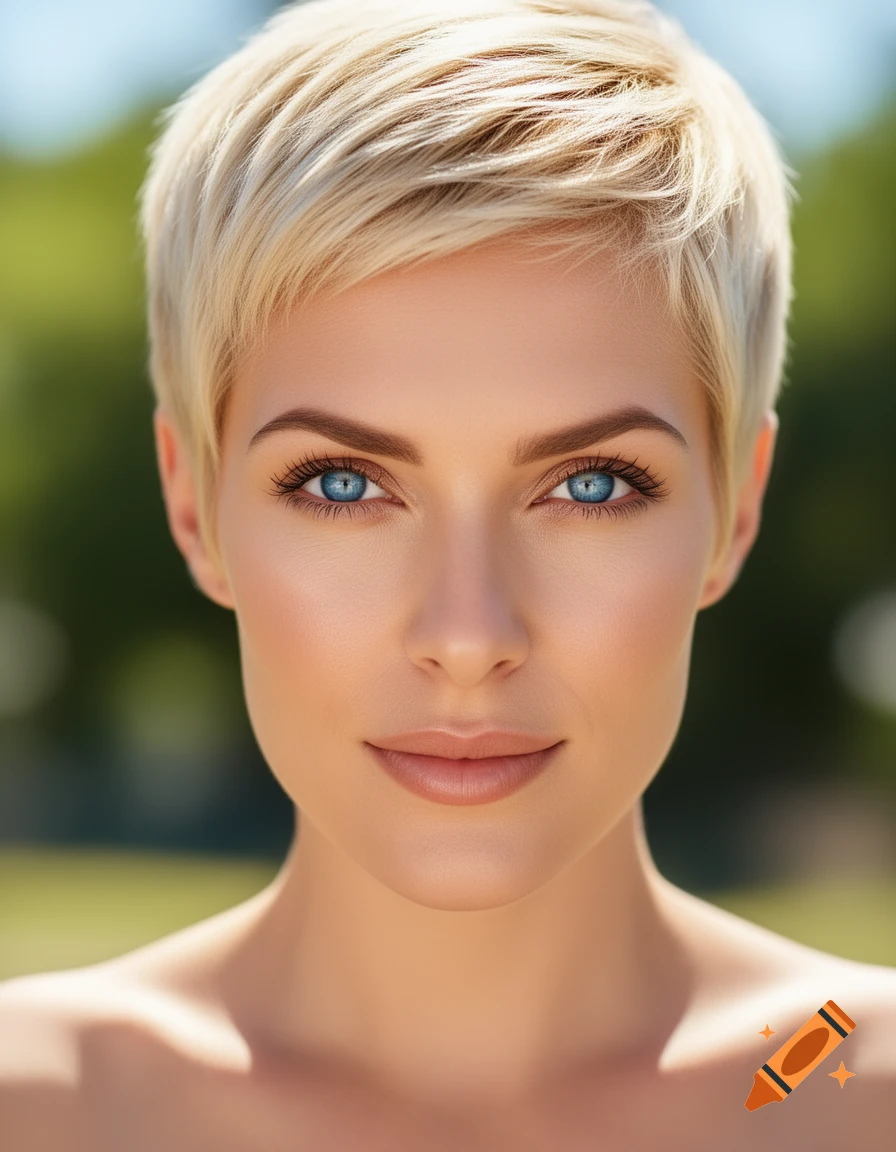 Close-up photorealistic portrait of a woman with short blonde hair and blue eyes, against a blurred green background.