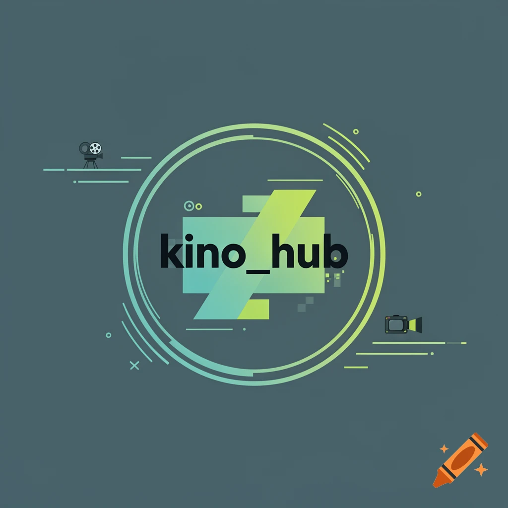 A minimalist logo for 'kino_hub' with abstract shapes, circles, a film camera, and a TV icon on a grey-green background.
