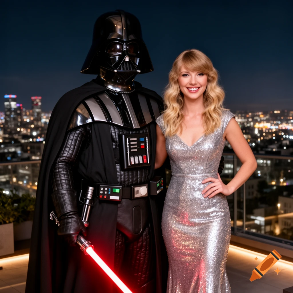 A smiling woman in a silver sequin gown stands next to Darth Vader holding a lightsaber on a city rooftop at night.