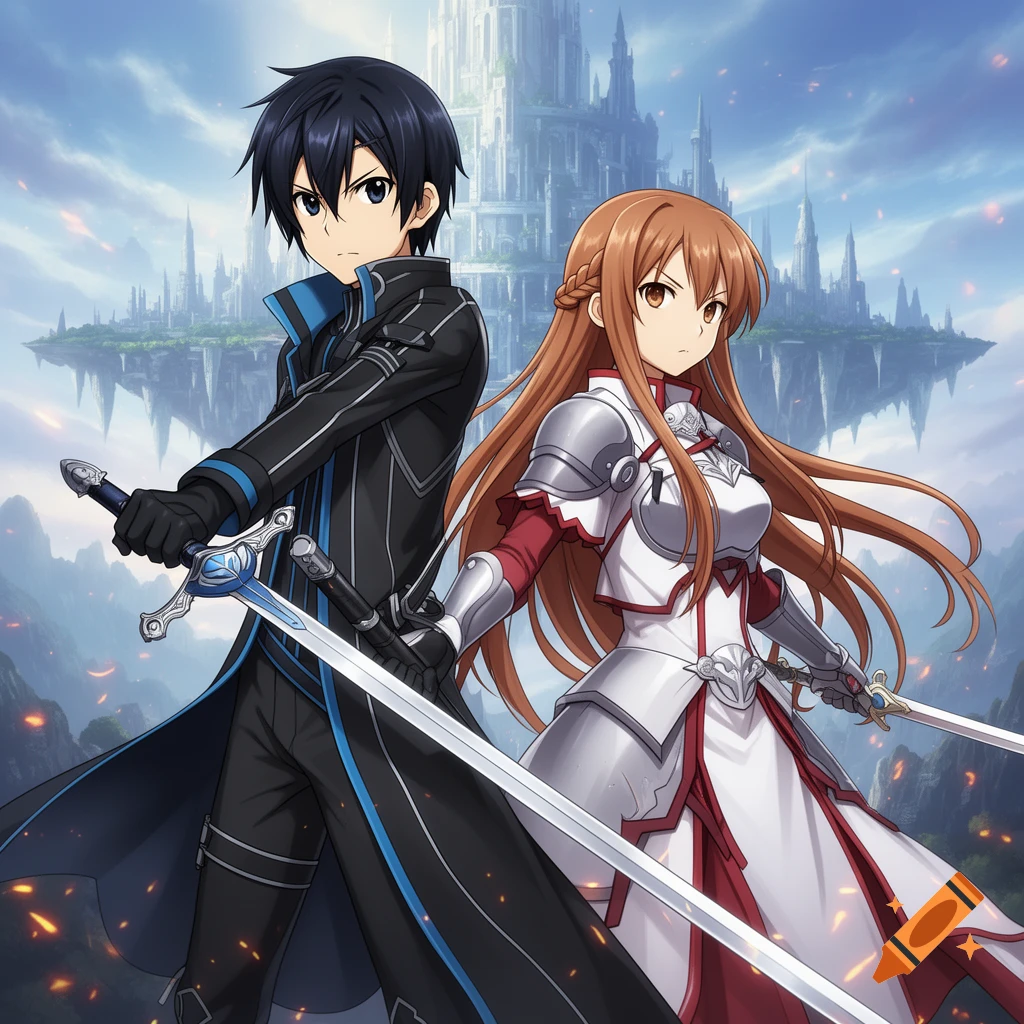 An anime illustration of Kirito and Asuna, dressed in combat gear and holding swords, standing before a floating fantasy castle.