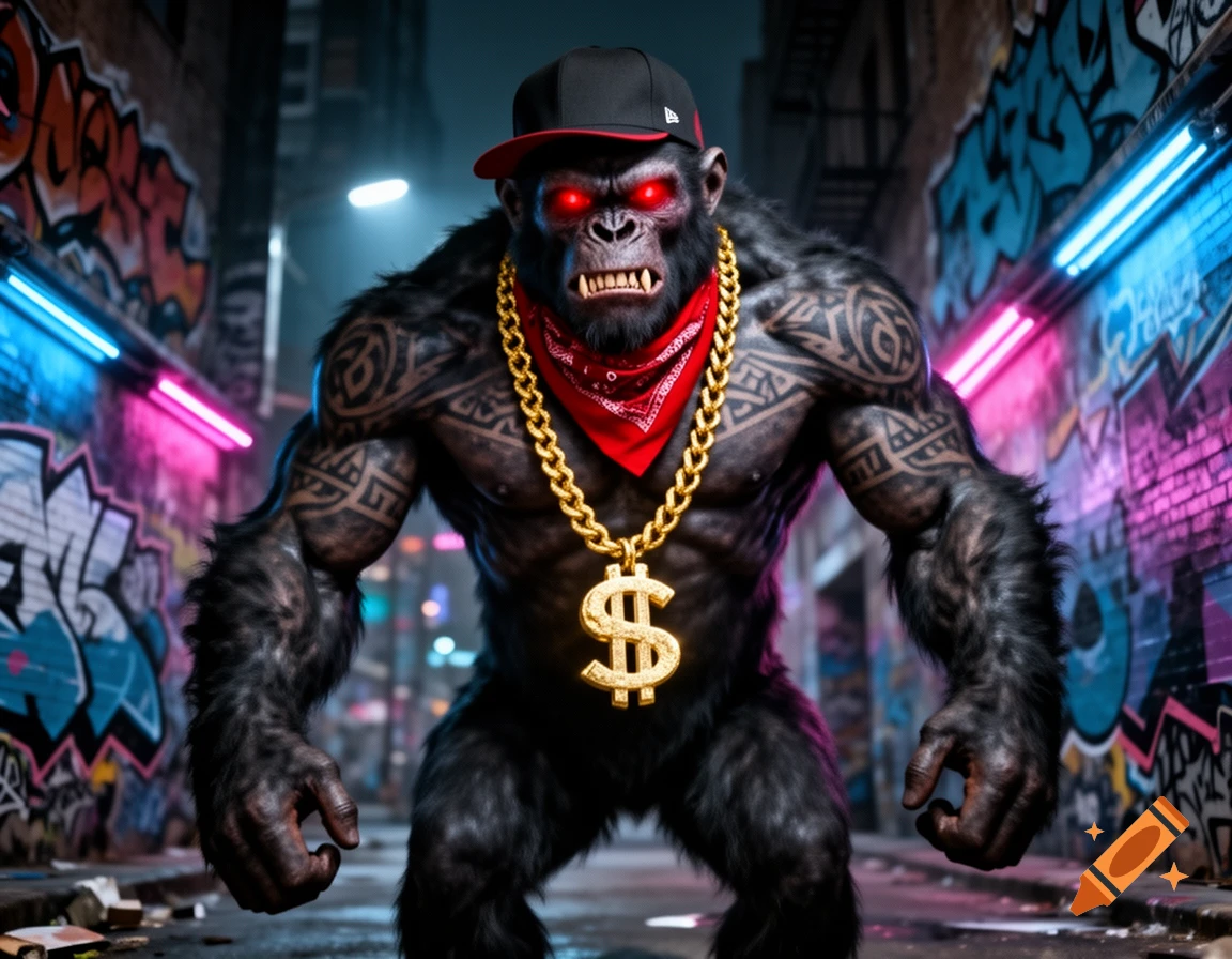 A photorealistic demon gorilla with red eyes, fangs, tattoos, a gold dollar chain, red bandana, and black cap stands in a graffiti-filled alley with neon lights.