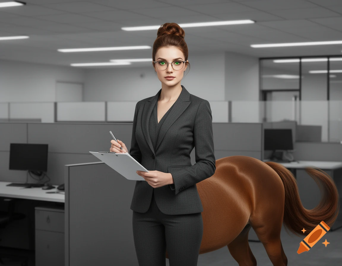 A female centaur secretary with a bun, green eyes, glasses, and a grey business suit, holding a clipboard in an office.