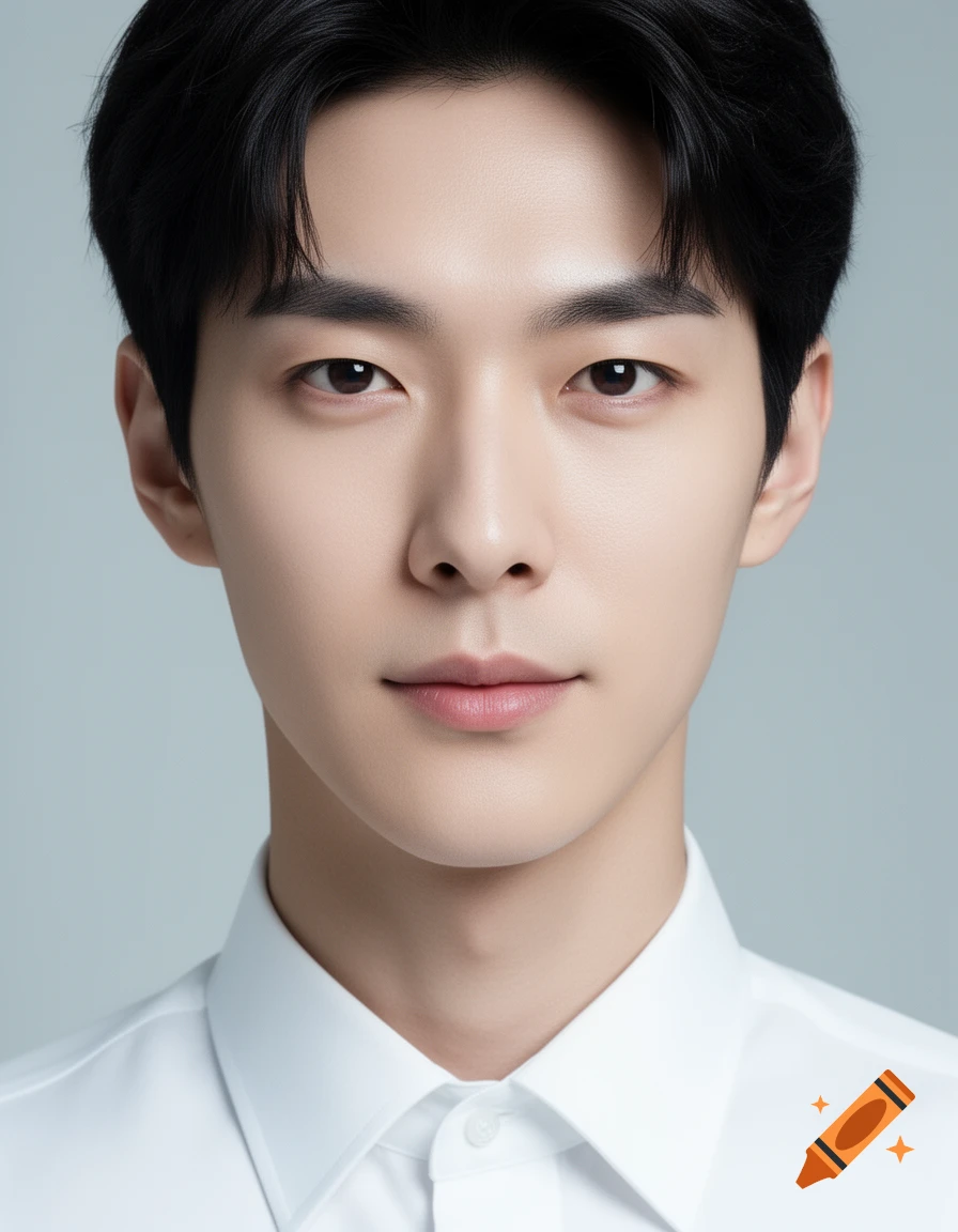 Close-up photorealistic portrait of a handsome Korean man with black hair, wearing a white shirt, looking directly forward.