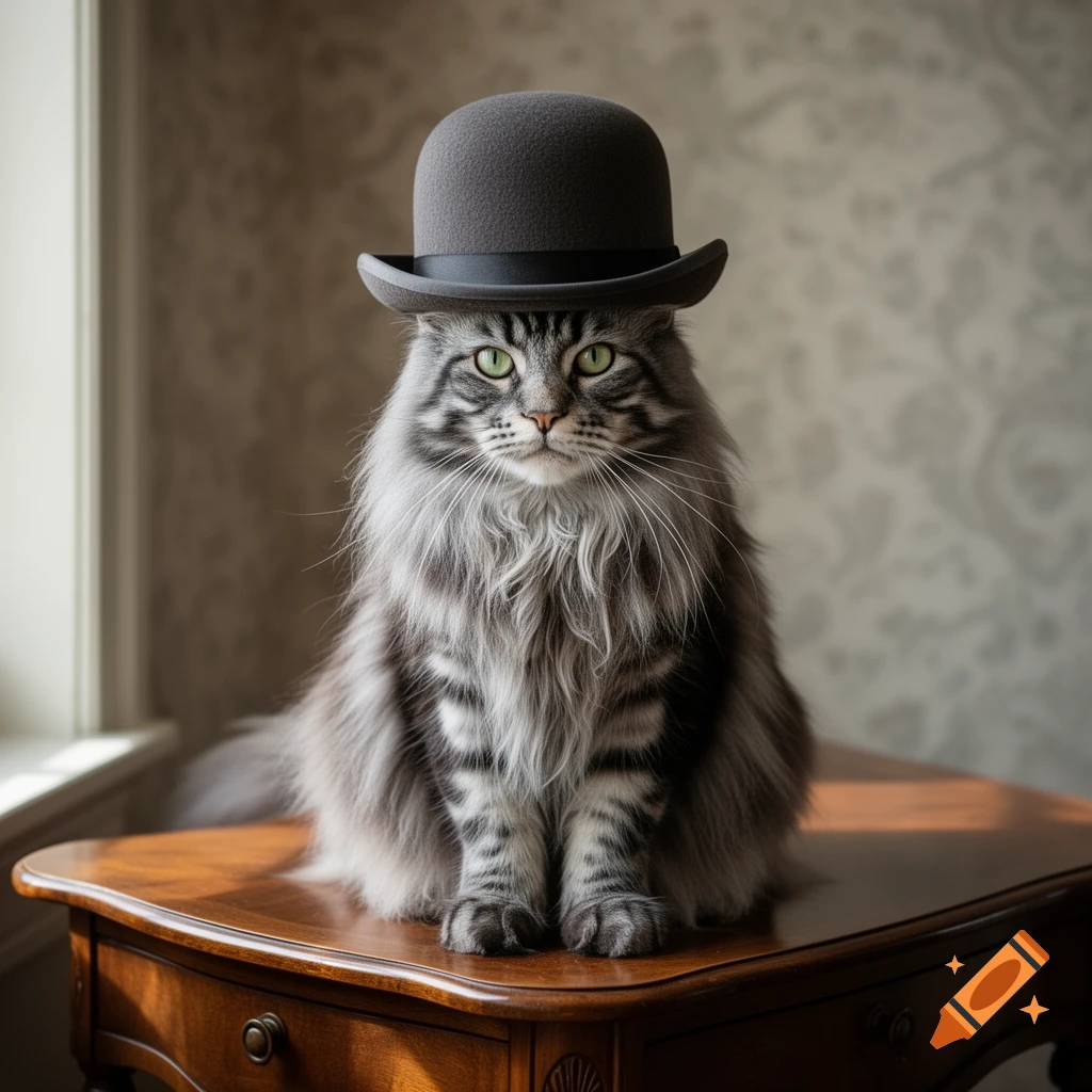 A fluffy gray tabby cat with green eyes sits on a polished wooden table, wearing a dark gray bowler hat, lit by sunlight.
