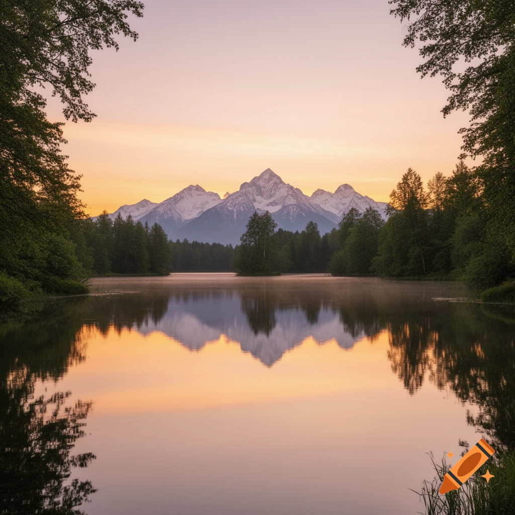 Photorealistic landscape of snow-capped mountains reflecting in a calm lake, surrounded by a forest under a colorful sunrise sky.