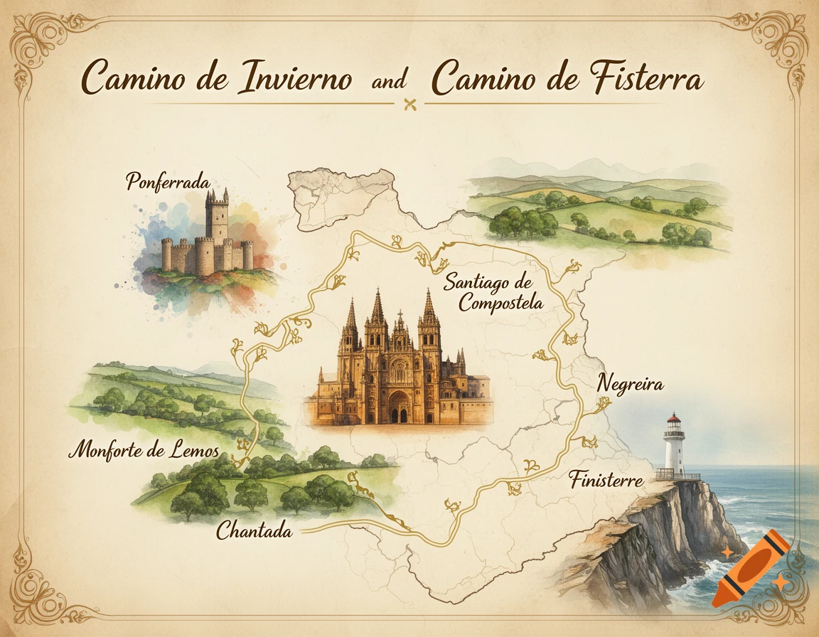 An artistic vintage parchment map of the Camino de Invierno and Camino de Fisterra routes in Spain, featuring watercolor illustrations of Ponferrada castle, Santiago de Compostela cathedral, and Finisterre lighthouse and cliffs.