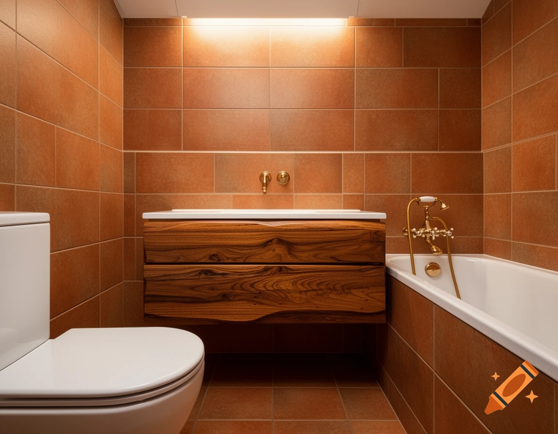 A small bathroom with earthy terracotta tiles, a white toilet, a wooden floating vanity, and a white bathtub with ornate brass fixtures.