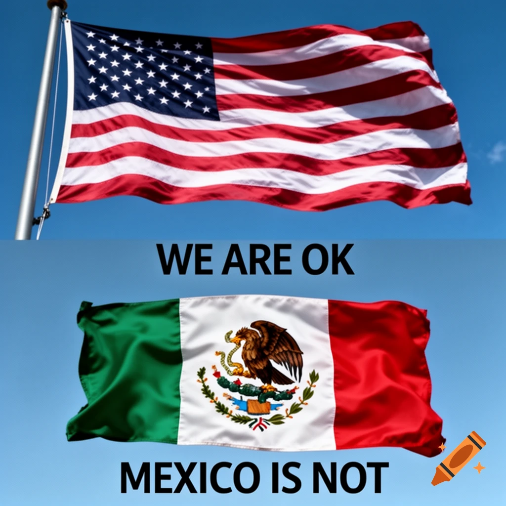 US flag above Mexican flag with text 'WE ARE OK' and 'MEXICO IS NOT' against a blue sky.