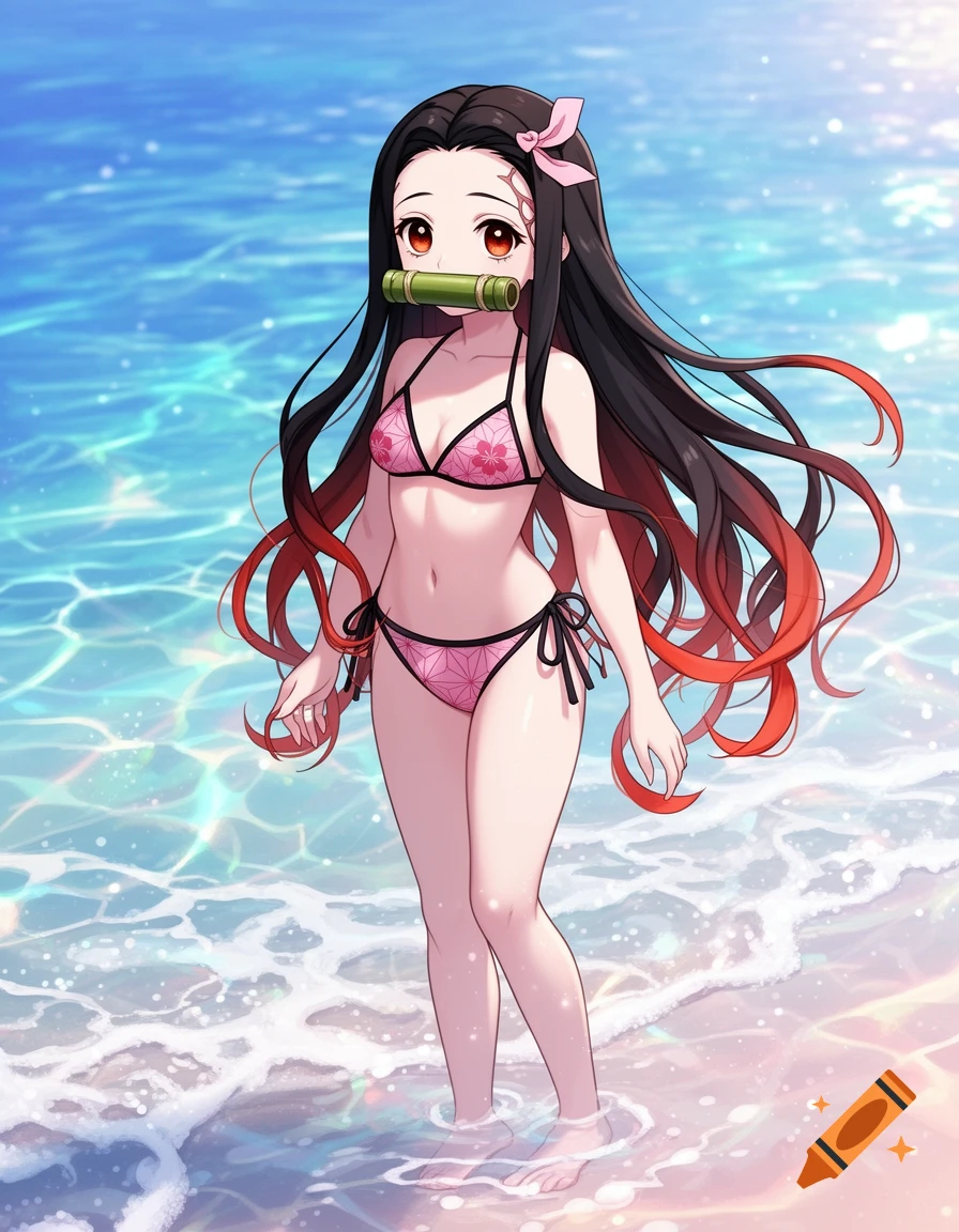 An anime girl with long black and orange hair, wearing a pink bikini and a bamboo muzzle, stands in shallow ocean water.