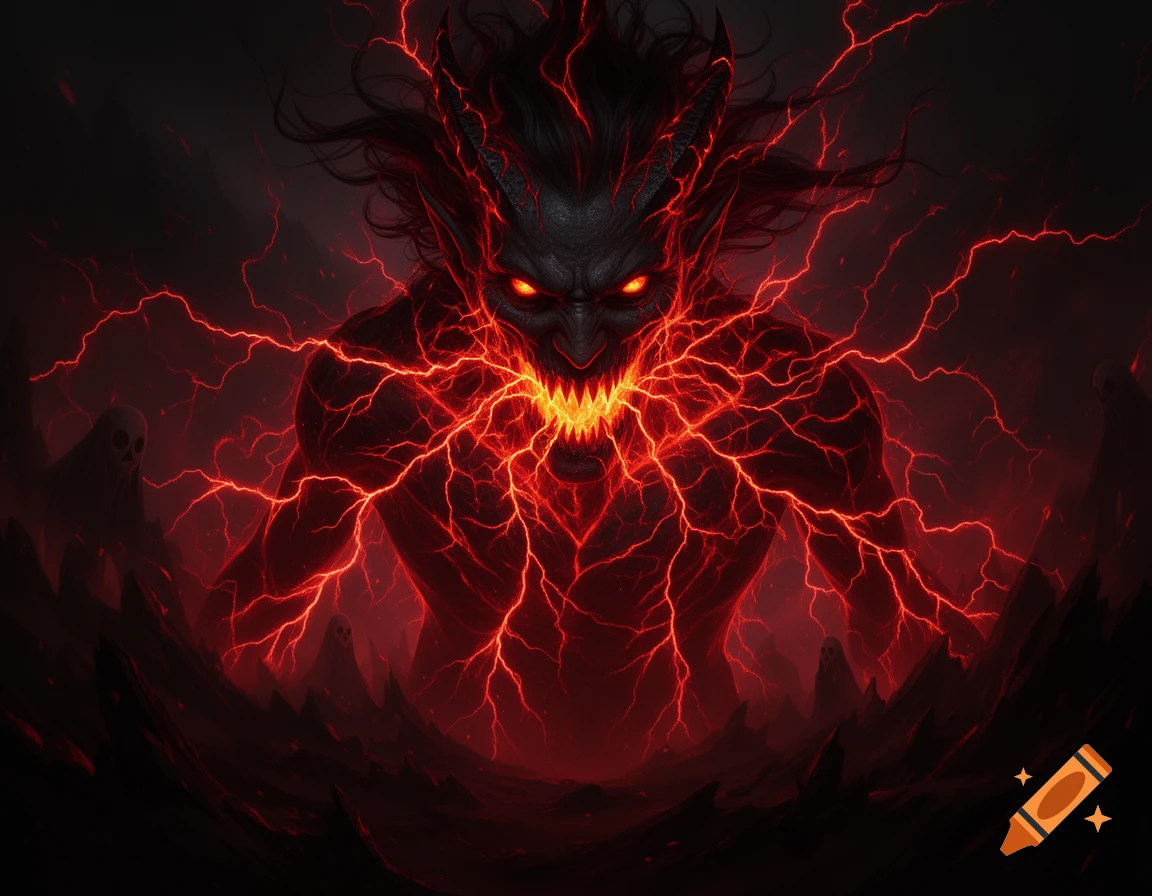 A dark, demonic creature with glowing red eyes and sharp teeth, emanating red lightning in a shadowy, hellish landscape.