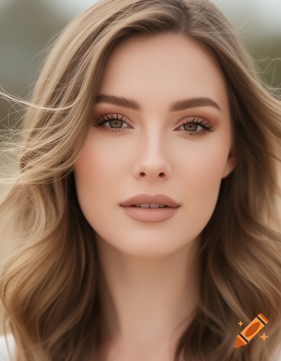 Photorealistic portrait of a beautiful woman with wavy blonde hair, soft makeup, and light brown eyes.