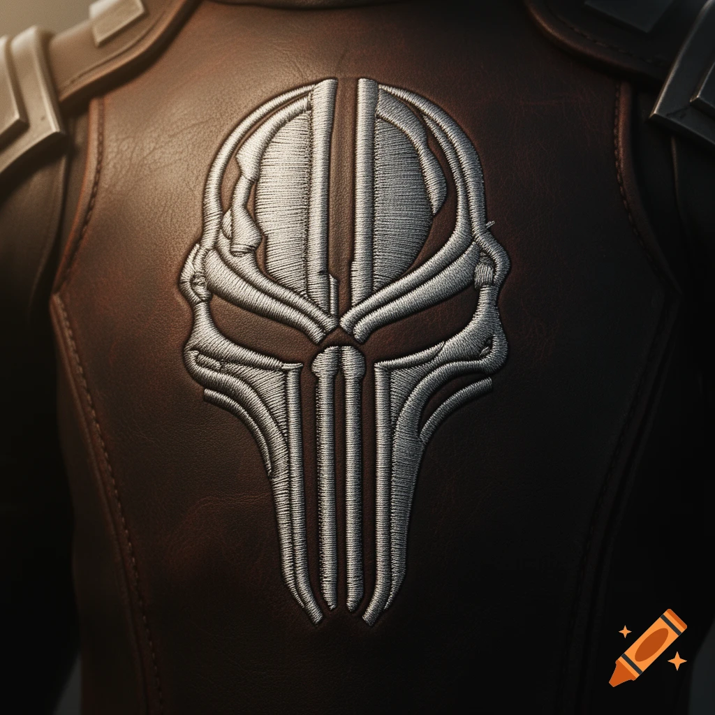 Close-up of a silver embroidered Mandalorian Mythosaur insignia on a dark brown leather jacket.