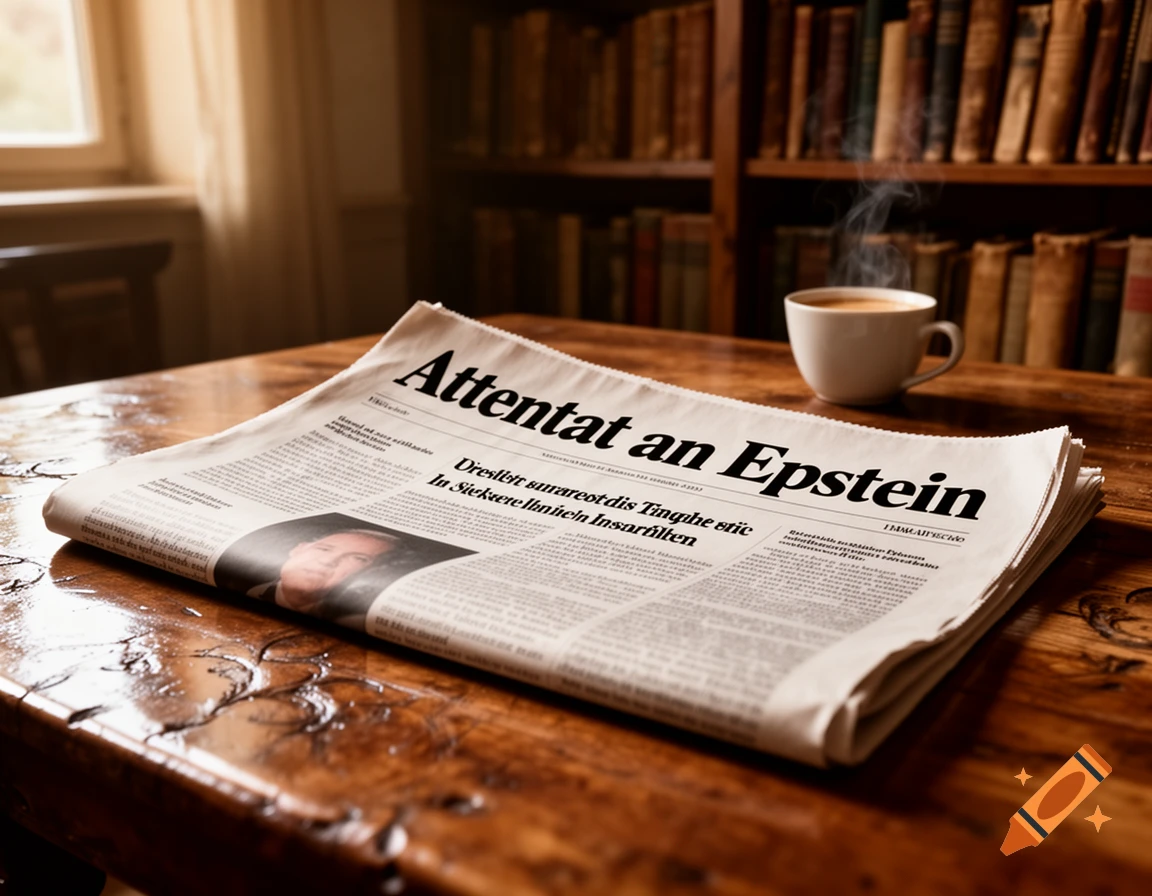A newspaper with the headline "Attentat an Epstein" lies on a polished wooden table next to a steaming cup of coffee, in a warm, book-filled library.