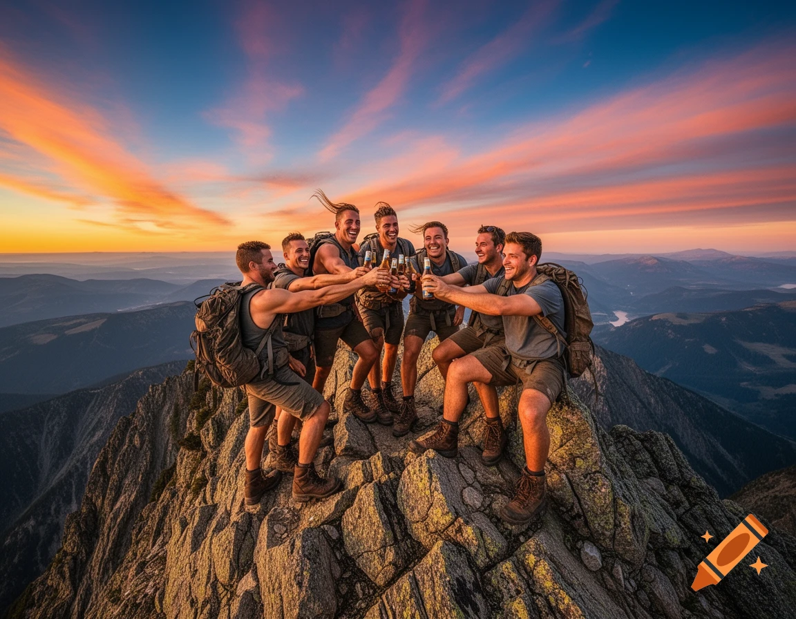Group of men in hiking gear celebrating on a rocky mountain peak at sunset, toasting with beer bottles.