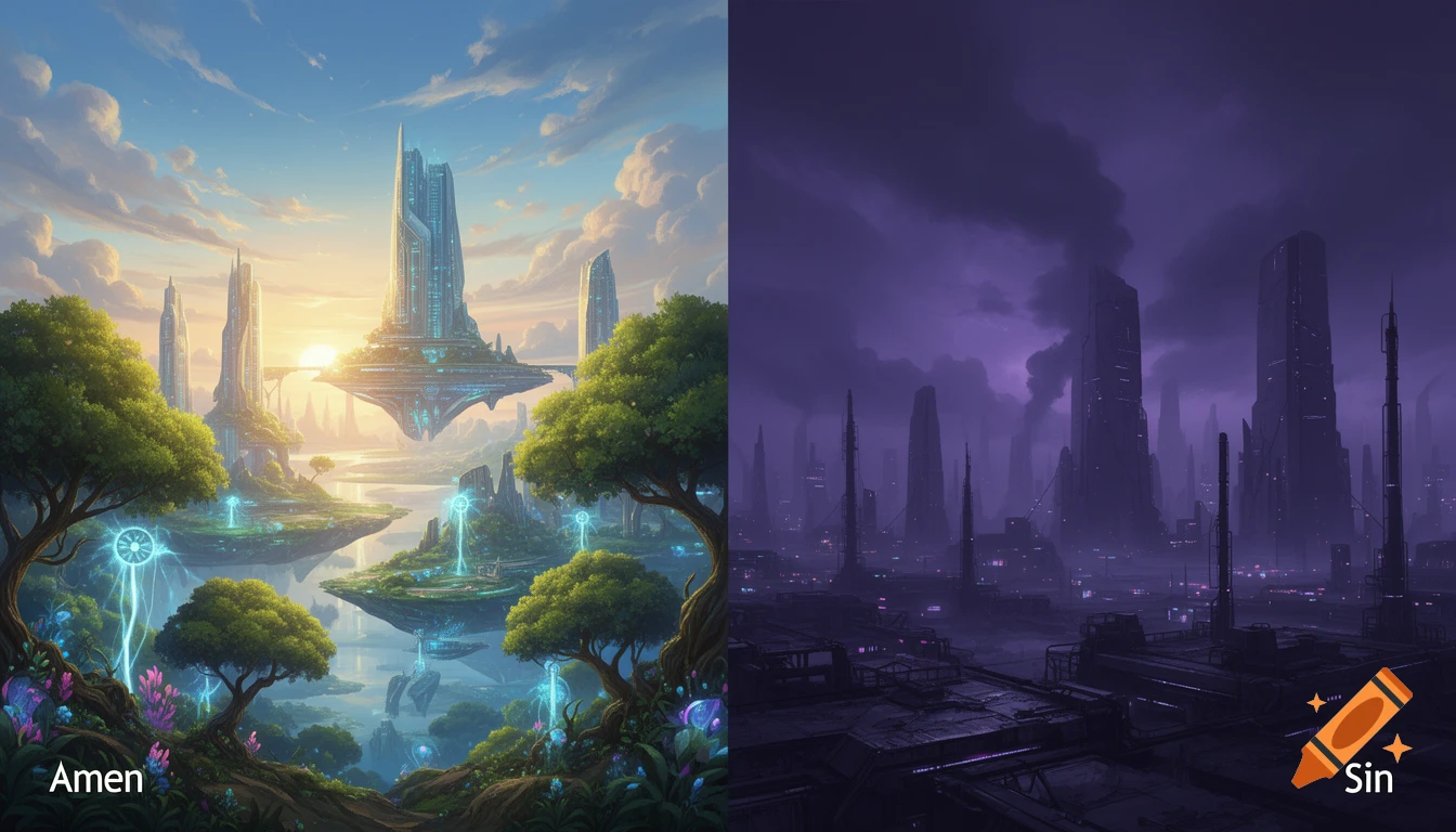A split-screen sci-fi landscape, utopian on the left with 'Amen', dystopian on the right with 'Sin', depicting duality.
