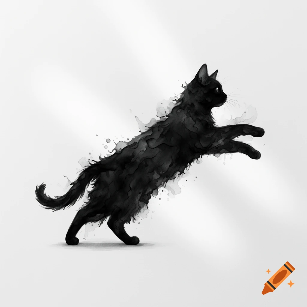 A black cat in an expressive ink blot watercolor style is captured mid-leap against a clean white background.