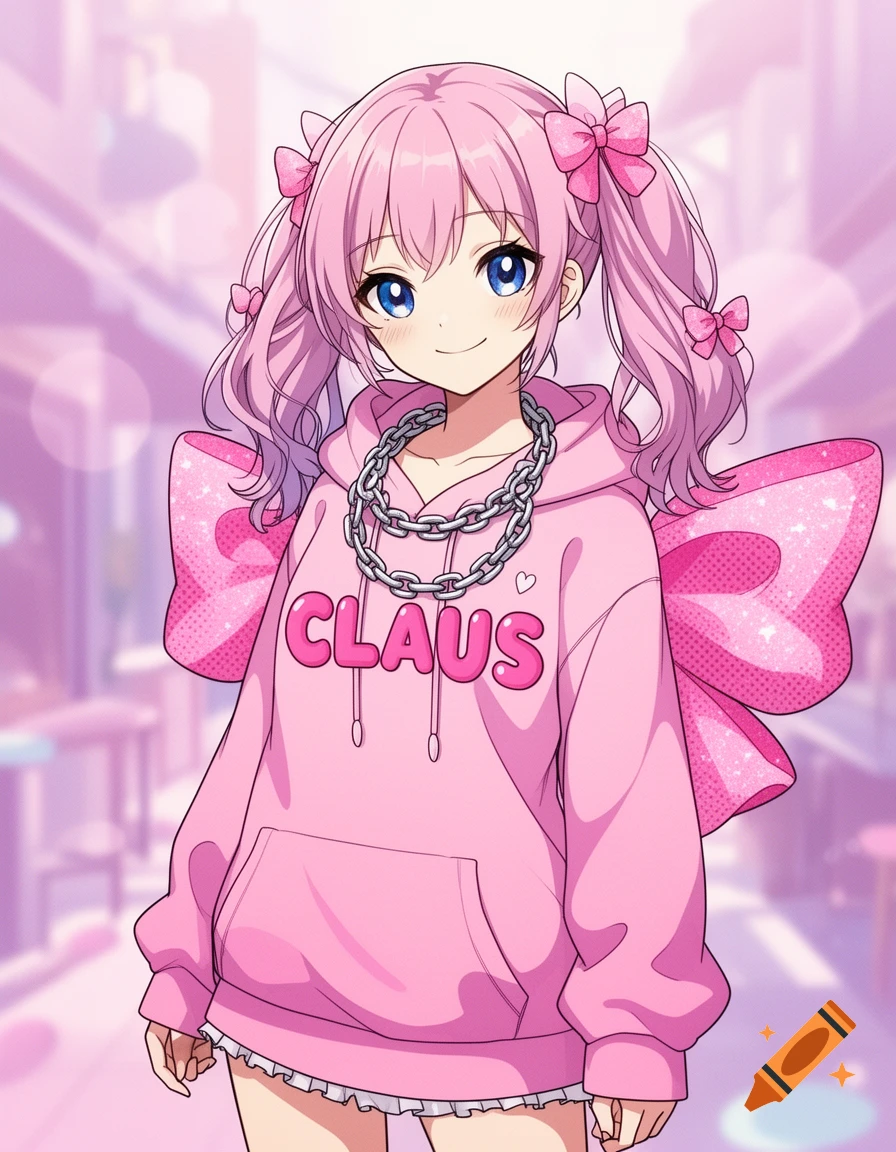 An anime girl with pink pigtails and blue eyes smiles, wearing a pink hoodie with a chain and "CLAUS" text, and large pink glittery bows.